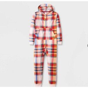 Cat & Jack Plaid Hooded Fleece Onesie Pajamas With Zipper Closure XL (14) Multic